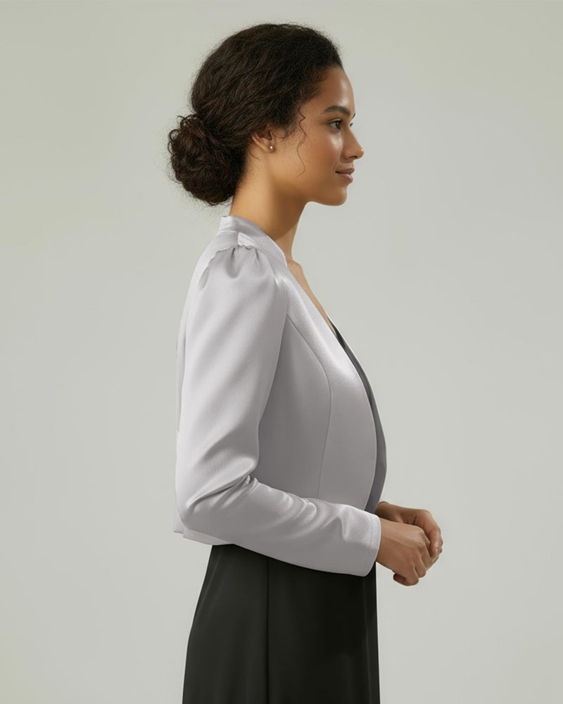 BOLEROSE Formal Long Sleeve Satin Bolero Shrug Occasion Jacket (Silver, US 6) - Image 3